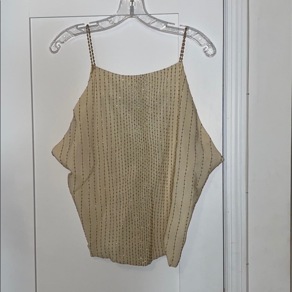Paula Frani beige top with gold beading blouse